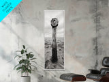 Driftwood Totem, Coastal Pillar, Ocean Beach Monochrome, Framed Canvas Print, Rustic Wall Art, Boho Bedroom Decor, Nature Photography
