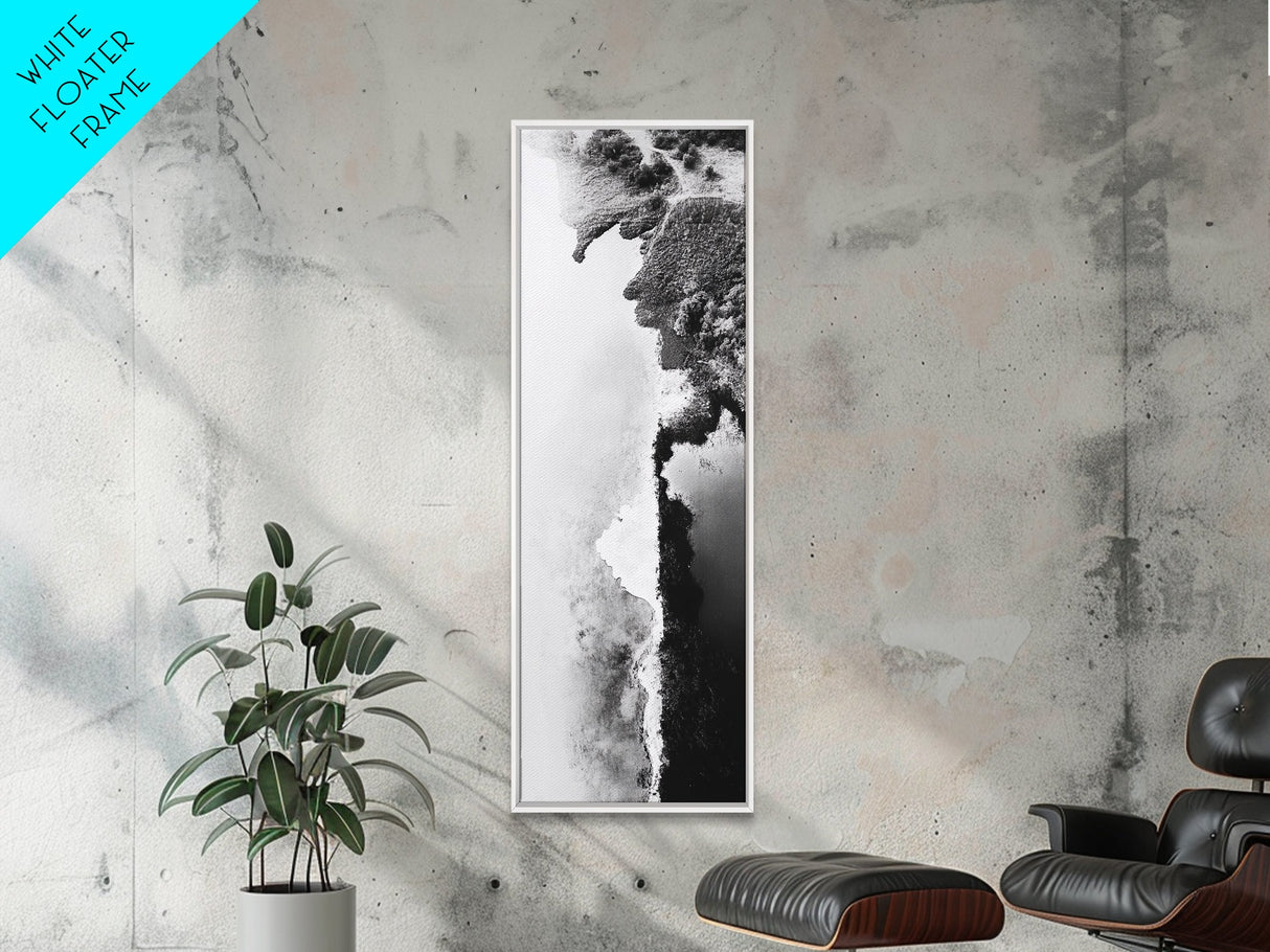 Aerial Coastline, Abstract Shore, Natural Edge, Canvas Print, Modern Living Room Wall Art, Black and White Photography, Coastal Decor