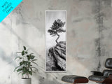 Lone Pine Tree, Minimal Nature, Tranquil Cliff Scene, Zen Forest Print, Framed Canvas Print, Japandi Wall Art, Entryway Tree Print, Nature Minimalism