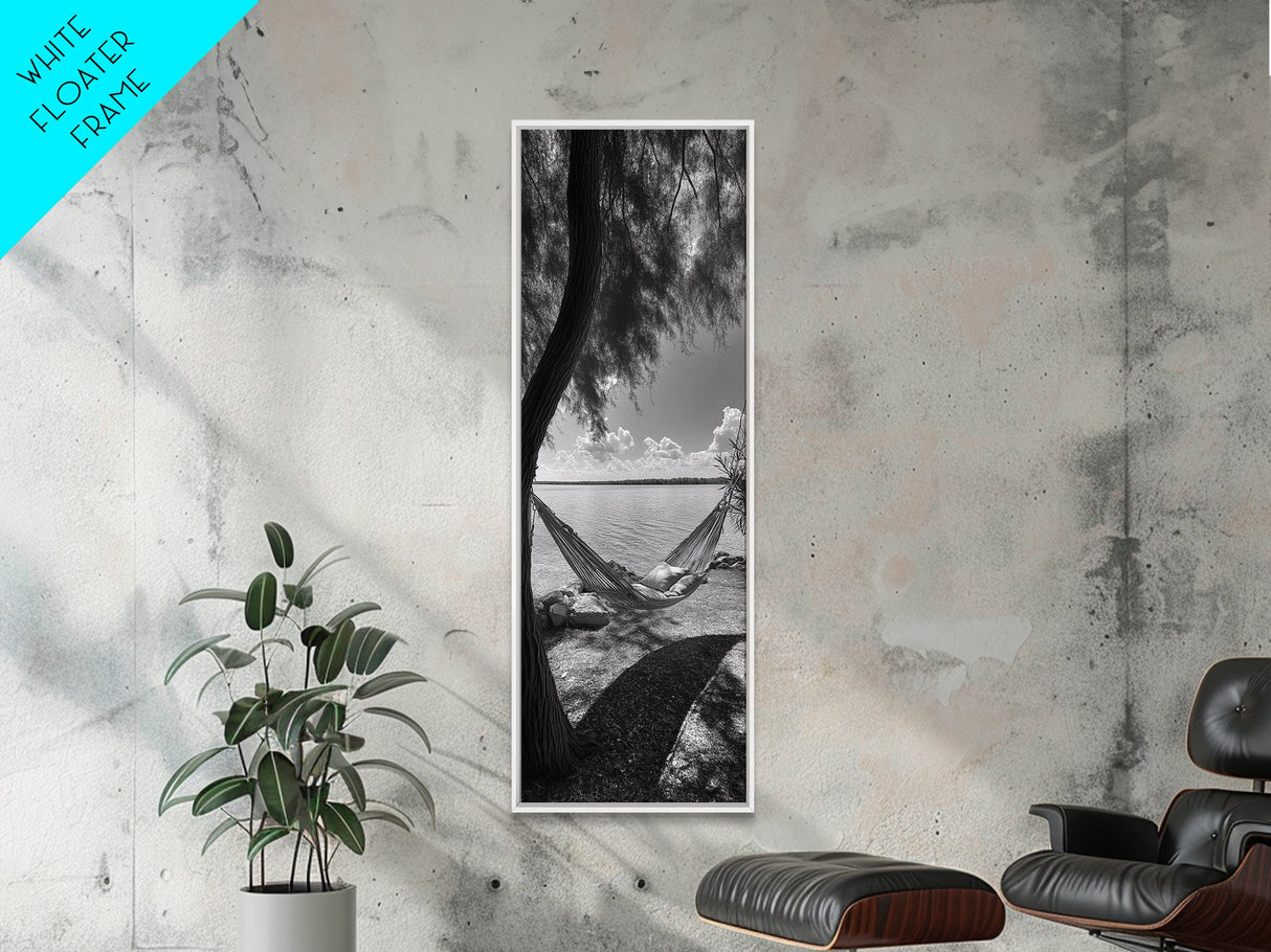 Hammock Dreams, Coastal Rest, Lakeside Retreat, Chill Vibes, Framed Canvas Print, Boho Wall Art, Serene Bedroom Art, Relaxation Inspired Decor