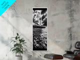 Lighthouse Drama, Coastal Storm, Rocky Shoreline Scene, Moody Ocean Sky, Framed Canvas Print, Nautical Living Room Wall Art, Black White Art