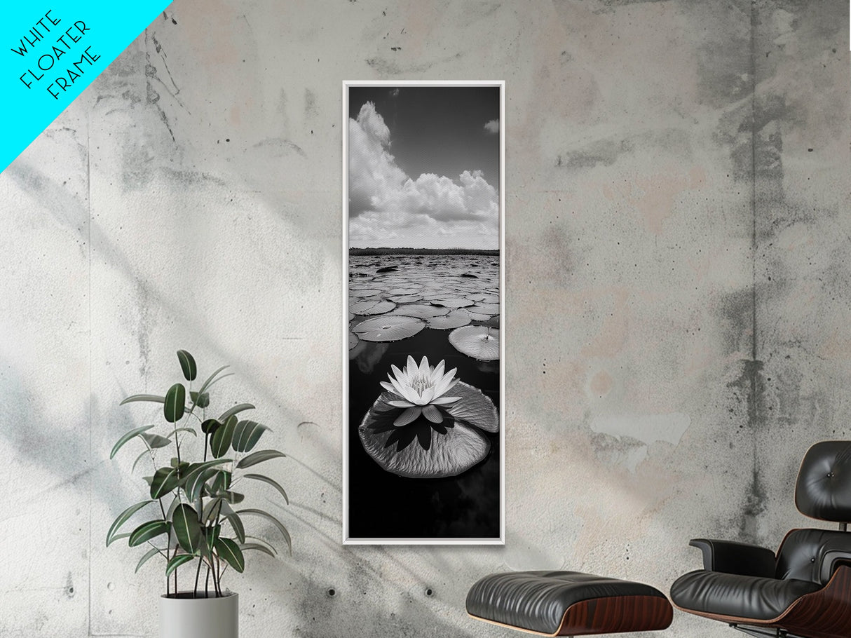 Water Lily Bloom, Lake Flowers, Lotus Petals, Peaceful Reflections, Botanical Art Framed Canvas Print, Spa Room Floral Wall Decor