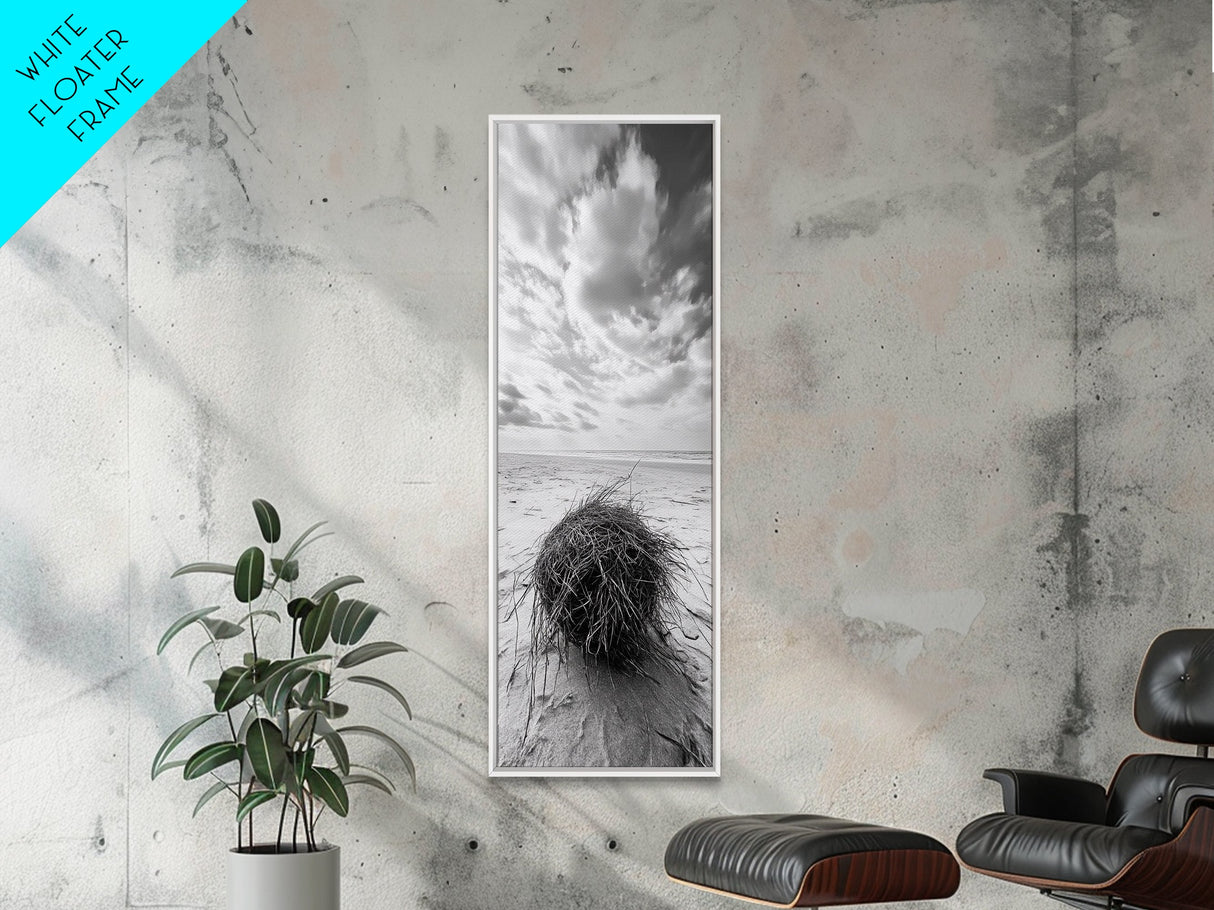 Beach Tumbleweed, Windy Dune, Coastal Drift, Seaside Simplicity, Monochrome Shoreline Framed Canvas Print, Bathroom Beach Wall Decor