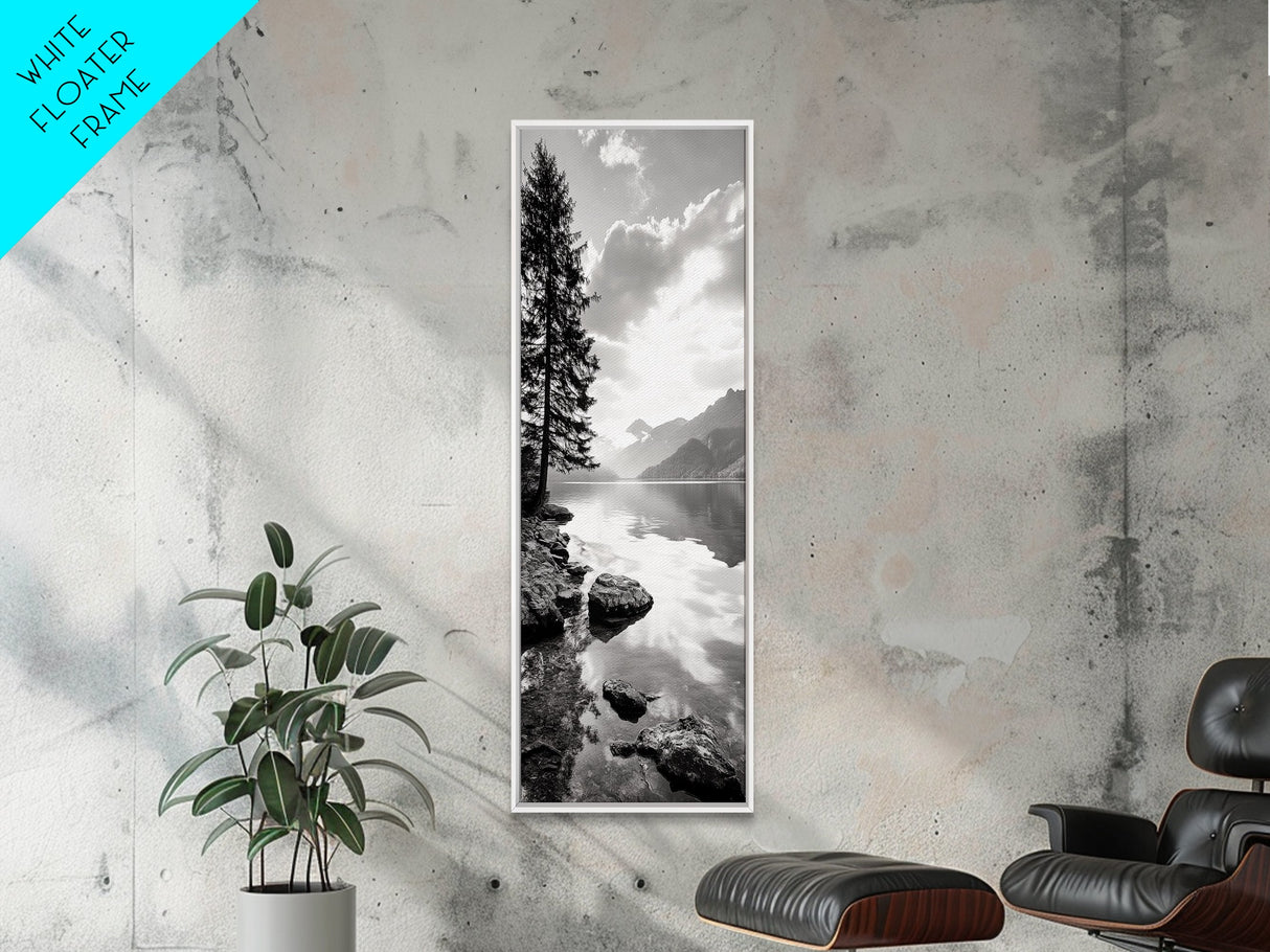 Mountain Lake Peace, Still Water View, Nature Escape, Framed Canvas Print, Living Room Wall Art, Nordic Cabin Decor, Minimal Landscape