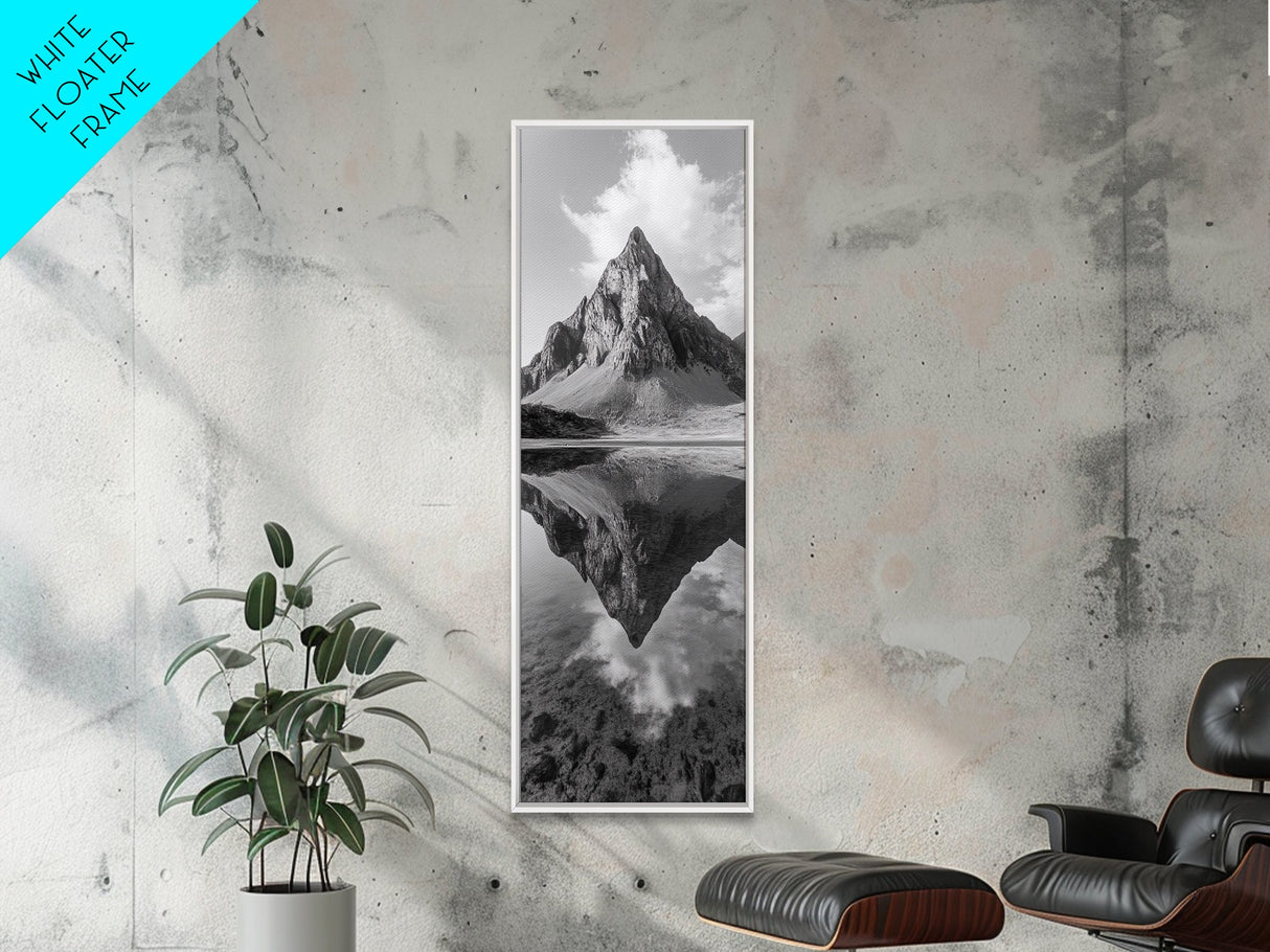 Sharp Mountain Peak, Reflection Stillness, Monochrome Wild, Framed Canvas Print, Rustic Cabin Wall Art, Nature Lover Gift Idea