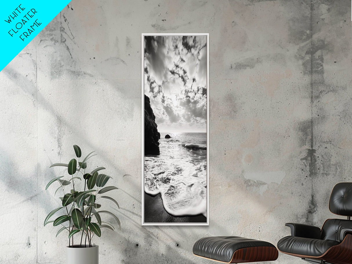 Ocean Sunset Foam, Coastal Waves Print, Seascape Minimalist, Fall Bathroom Decor, Canvas Print, Black White Beach Photography