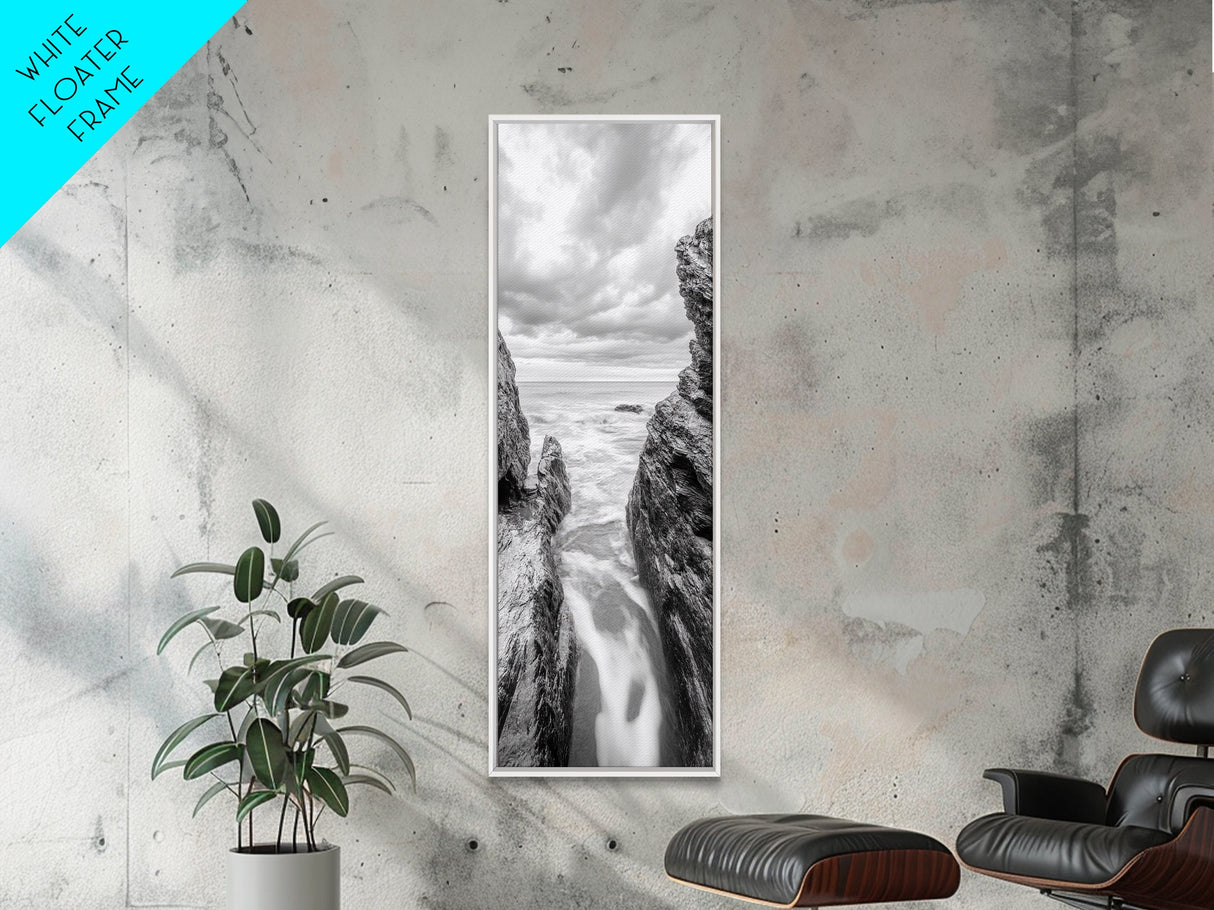 Rocky Sea Gap, Moody Ocean Art, Monochrome Seascape, Minimalist Wall Decor, Canvas Print, Coastal Living Room Wall Art, Living Room Art