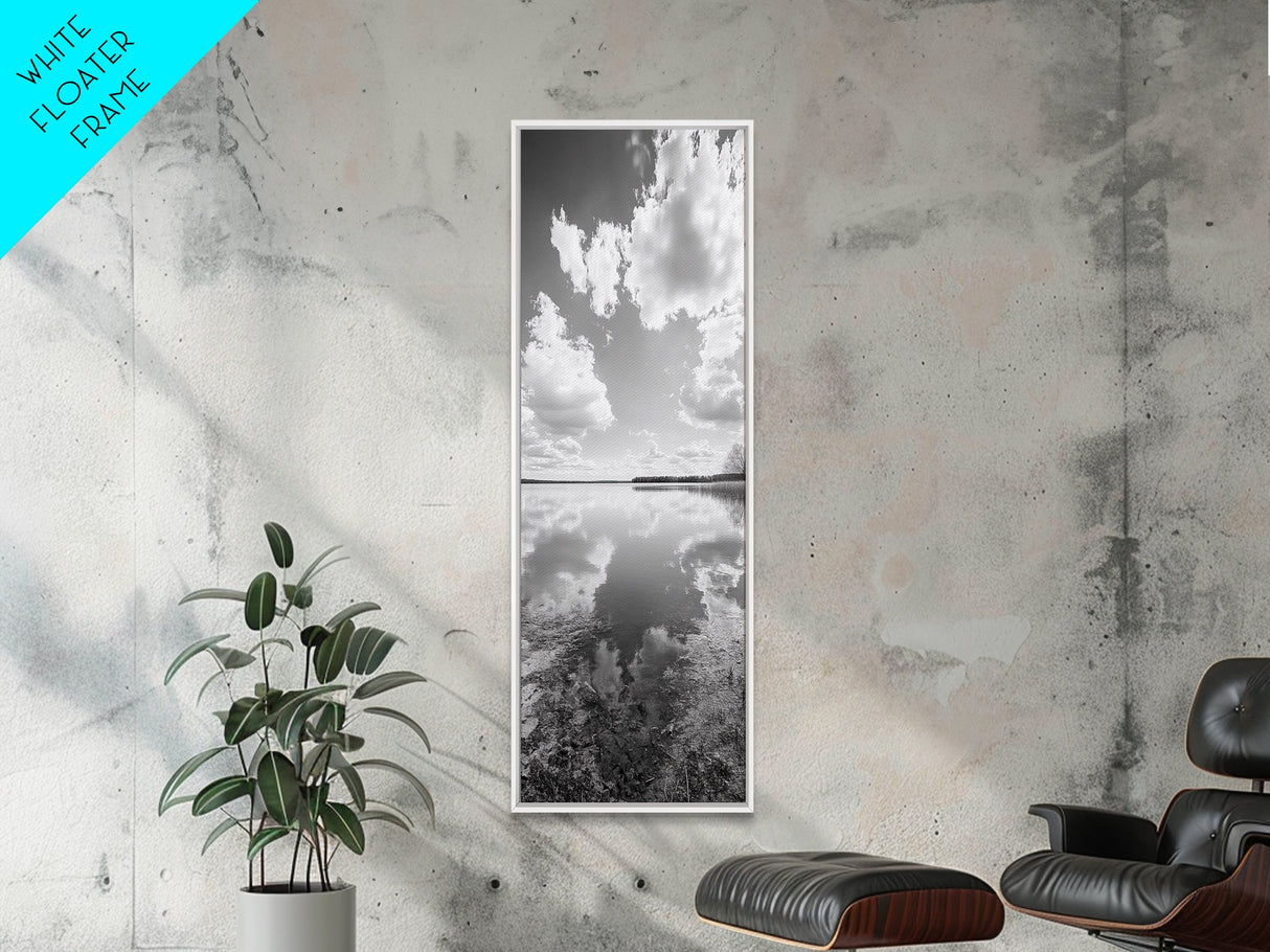 Lake Reflection, Calm Waters, Cloudy Sky, Minimalist Landscape, Framed Canvas Print, Neutral Living Room Art, Tranquil Nature Scene