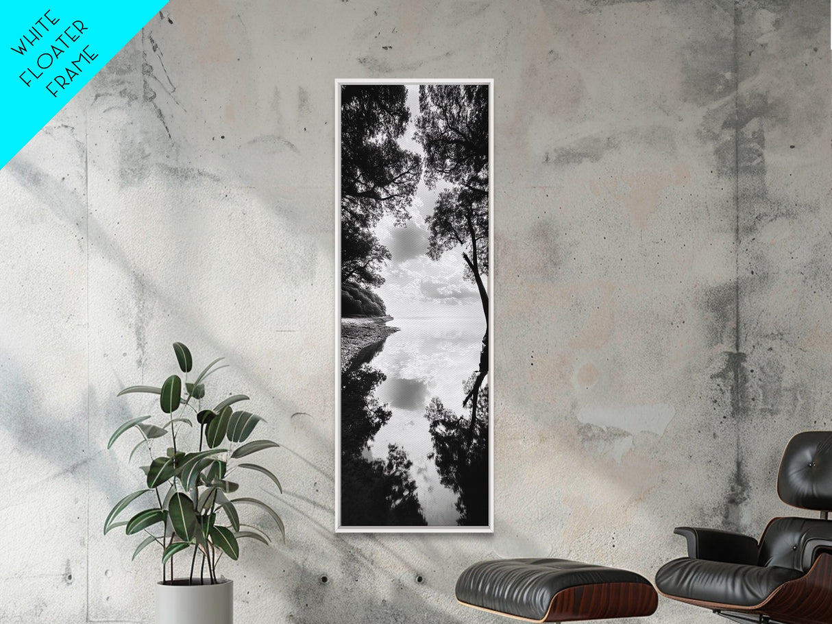 Misty Lake, Nature Reflection, Tranquil Waters, Monochrome Trees, Framed Canvas Print, Minimalist Wall Art, Bathroom or Hallway Decor