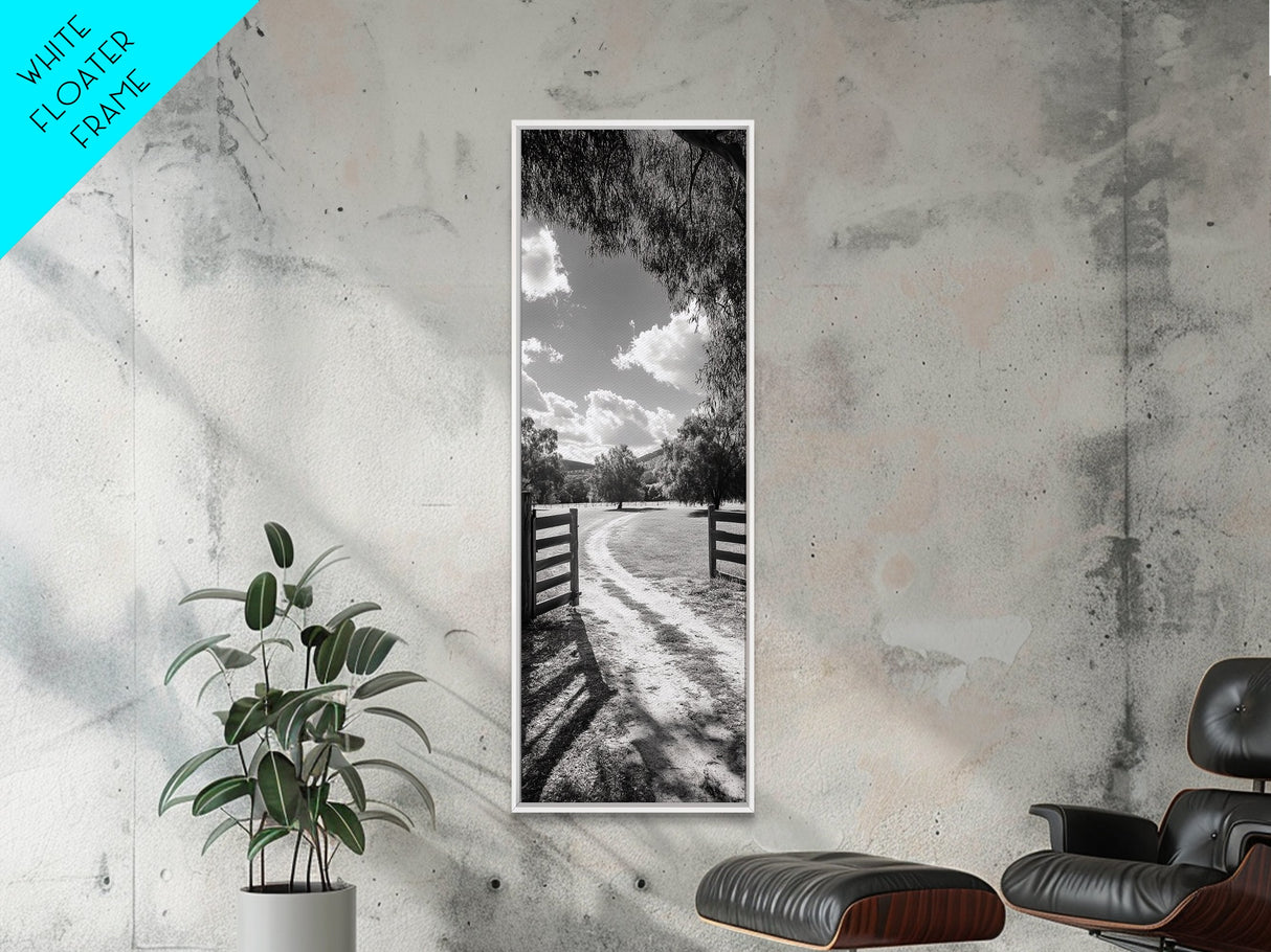 Country Road, Wooden Fence, Open Fields, Tree Shadows, Canvas Print, Rustic Farm Wall Art, Minimalist Nature Photography, Entryway Home Decor