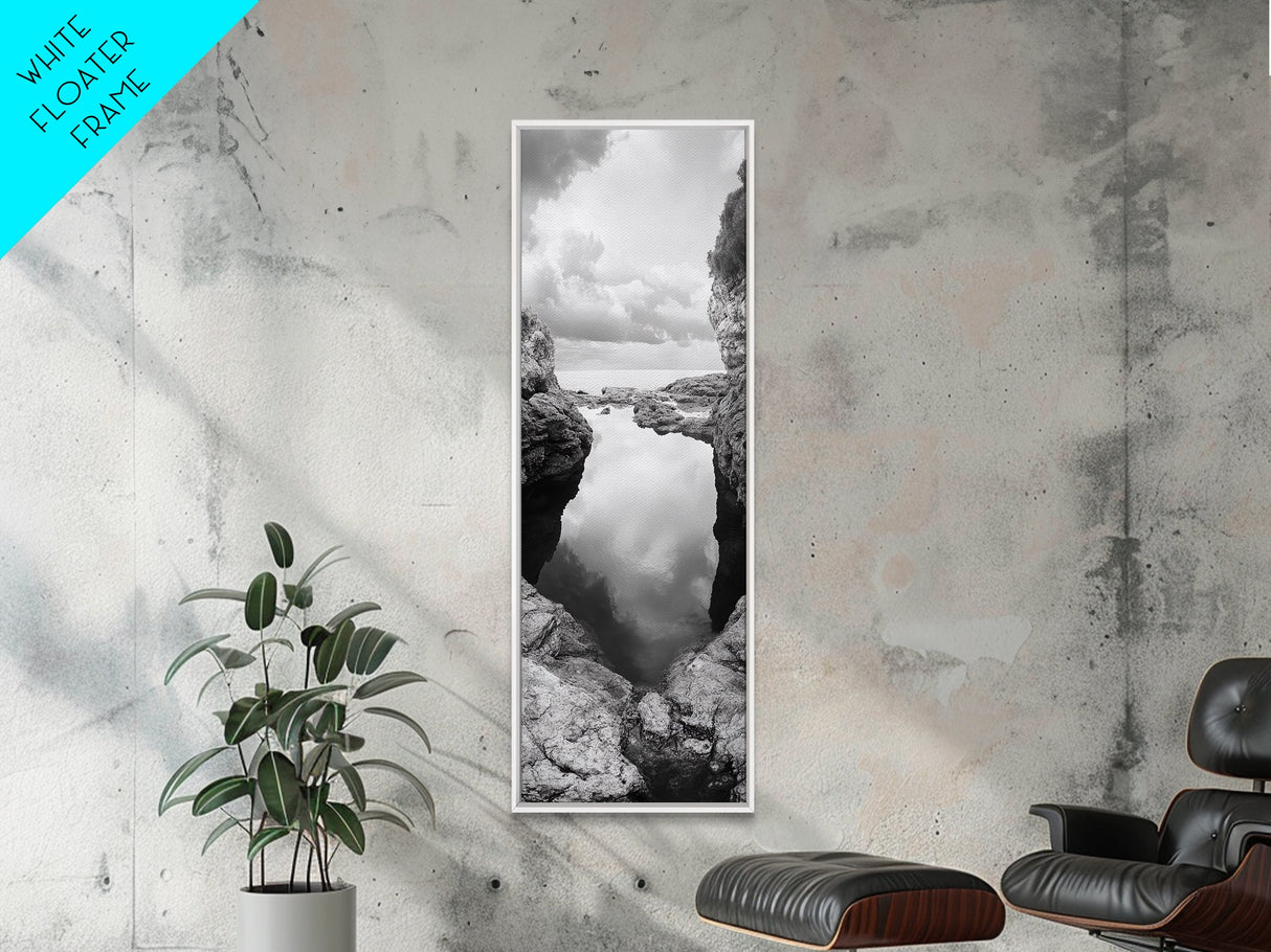 Tide Pool, Coastal Reflection, Tranquil Cove, Cloudy Sky, Framed Canvas Print Zen Bathroom Art, Minimalist Nature Wall Decor, Neutral Modern Style