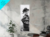Lone Tree, Rock Island, Tranquil Coast, Nature Strength, Framed Canvas Print Cabin Wall Art, Minimalist Tree Print, Nordic Nature Living Room Decor