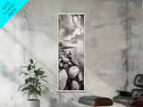 Sunrise Shore, Tranquil Coast, Pebble Beach, Golden Glow, Framed Canvas Print Fall Wall Art, Landscape Living Room Decor, Minimalist Aesthetic
