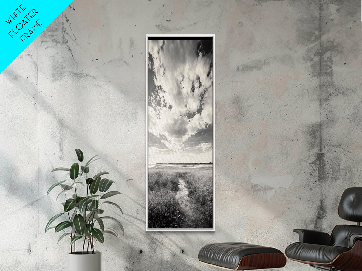 Marshland Pathway, Coastal Grassland Art, Nature Wall Decor, Calm Landscape Style, Framed Canvas Print, Neutral Tones Minimalist