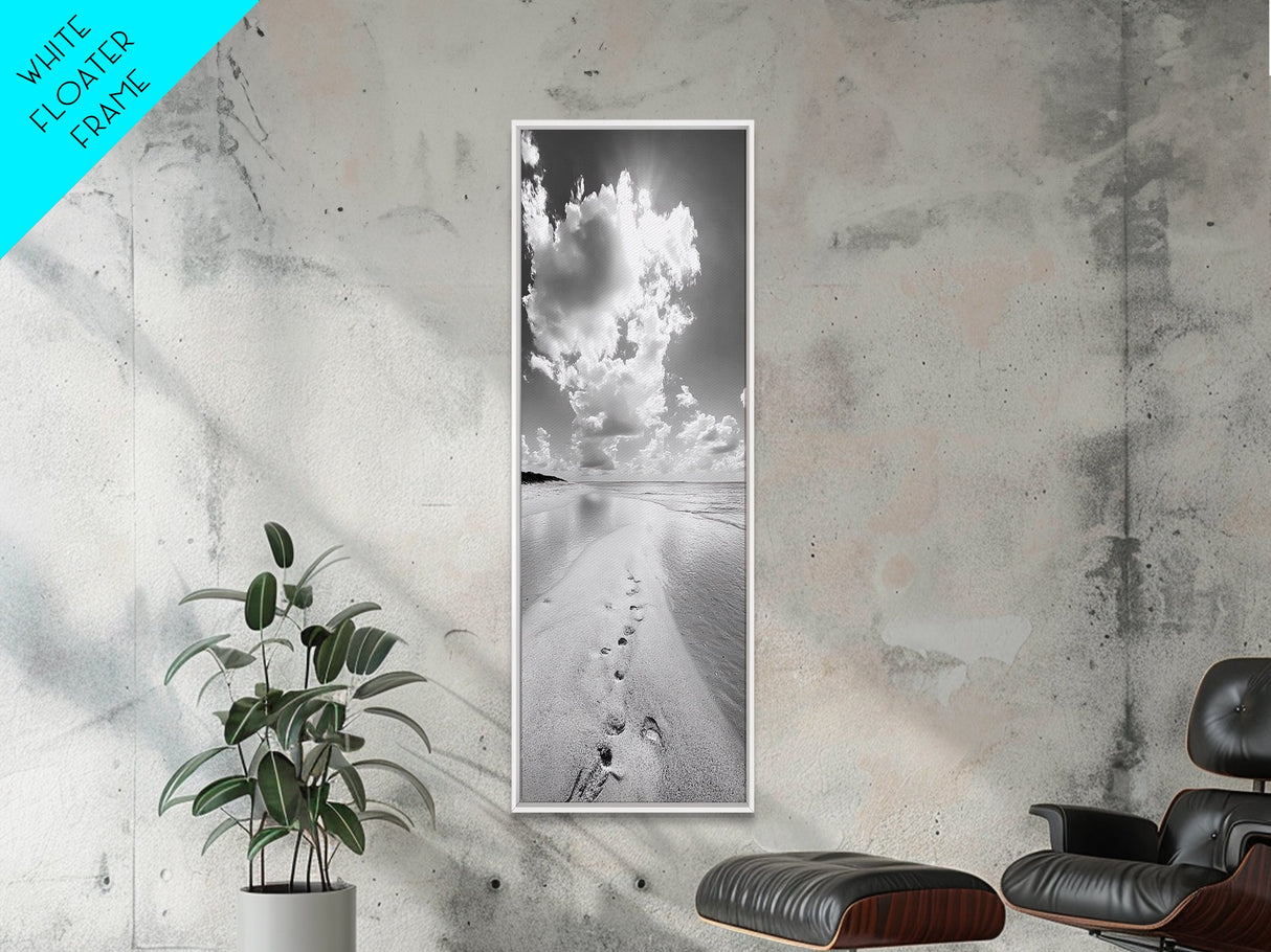 Footprints Beach Path, Ocean Shore Wall Art, Minimalist Seascape Style, Relaxing Bathroom Decor, Framed Canvas Print, Coastal Vibes