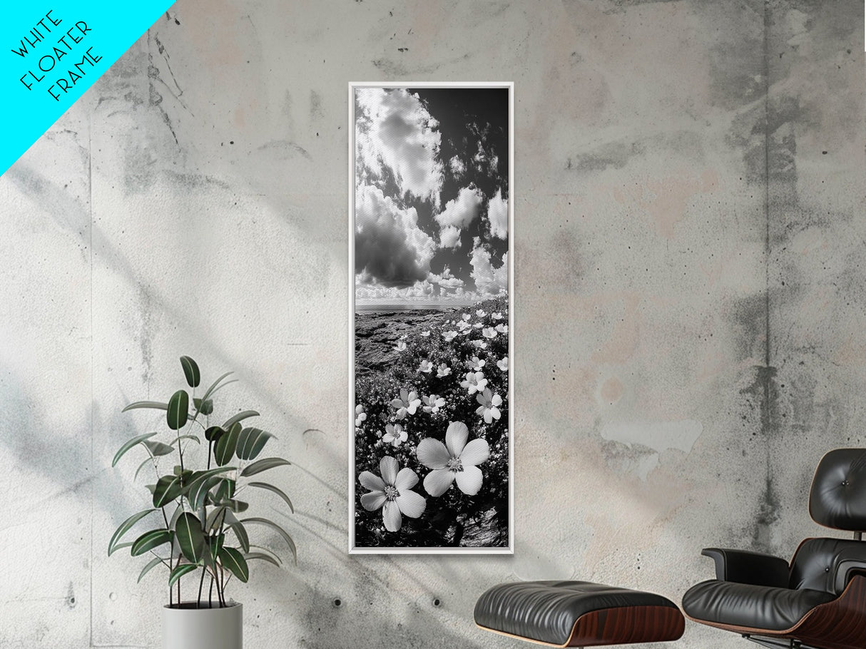 Ocean Flowers Art, Coastal Wildflower Print, Nature Boho Aesthetic, Beach House Wall Style, Framed Canvas Print, Moody Seaside Decor