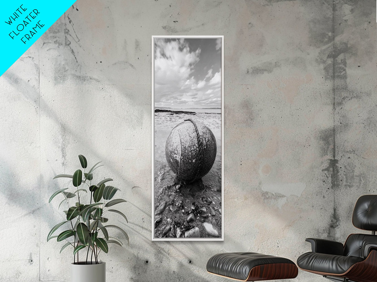 Weathered Buoy Ball, Rustic Coastal, Beach Decor, Nautical Minimalism, Framed Canvas Print, Bathroom Wall Art, Ocean Inspired Design