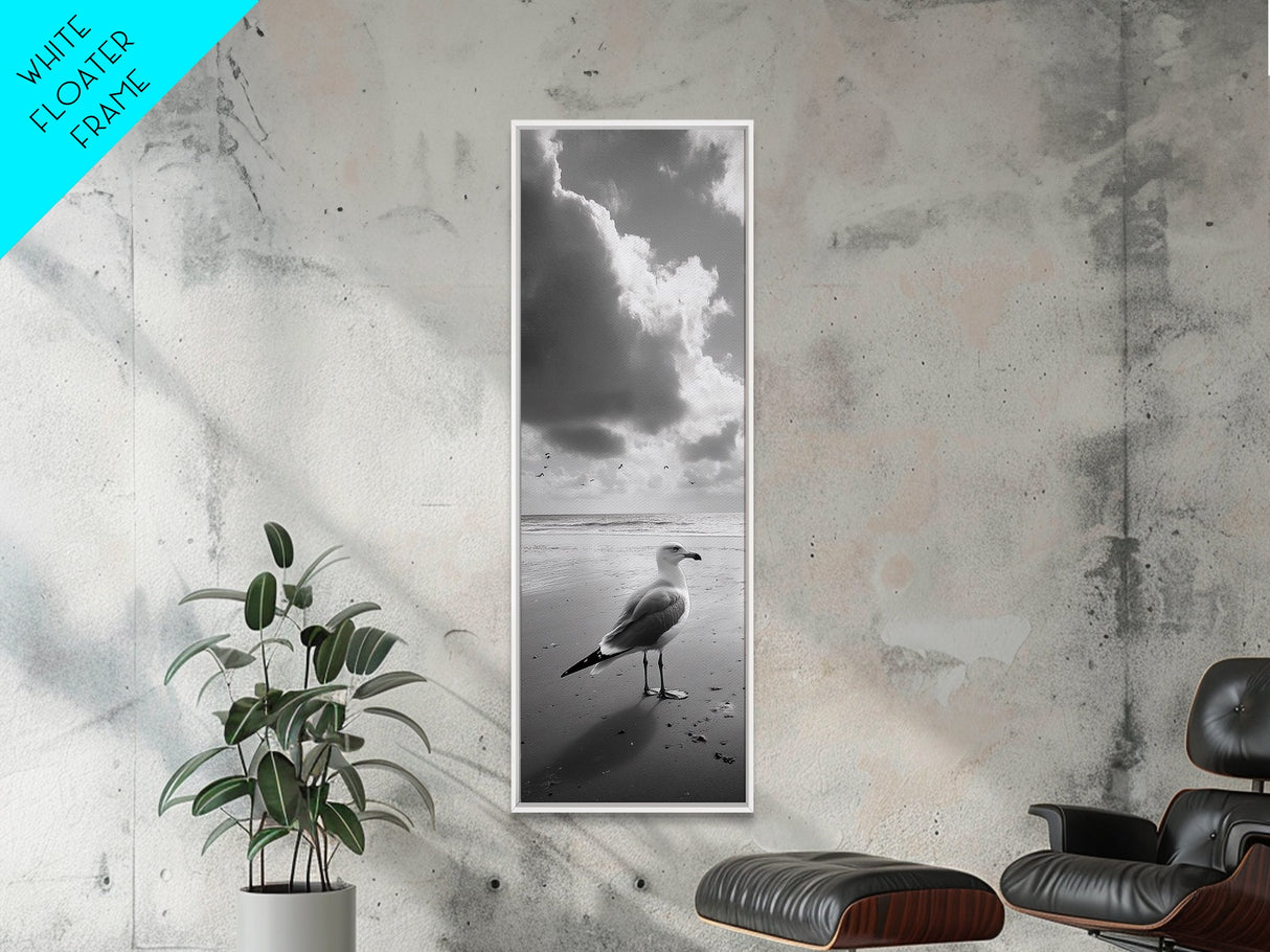 Seagull, Ocean Breeze, Beach Minimalism, Tranquil Shoreline, Seagull Photo Art, Coastal Framed Canvas Print, Bathroom Wall Decor