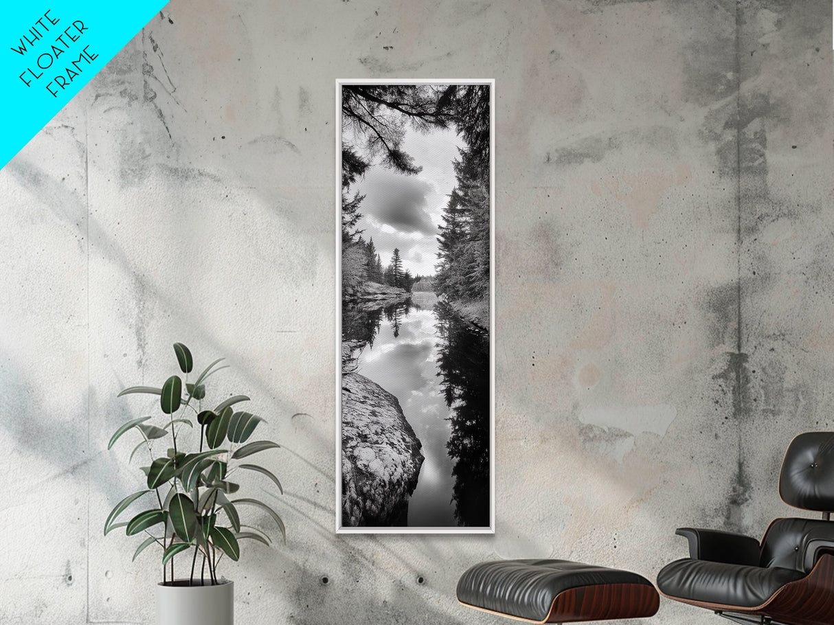Forest Reflection, Lake Stillness, Tranquil Pines, Nature Calm, Black and White Canvas Print, Bedroom Wall Art, Cabin Vibes