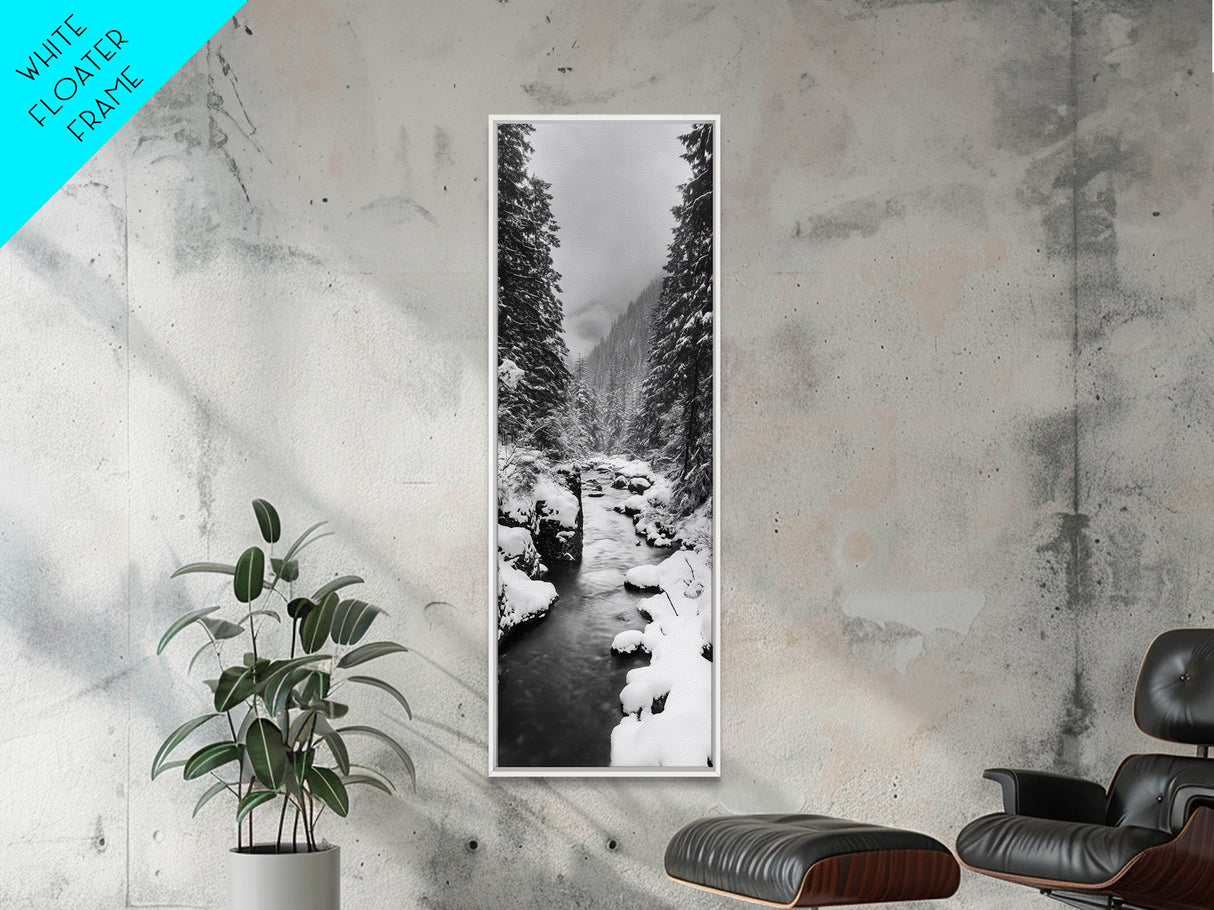 Winter Forest, Snowy River, Pine Trees, Canvas Print, Cozy Cabin Wall Art, Nature Lover Gift, Scandinavian Style, Holiday Decor, Bedroom Decor