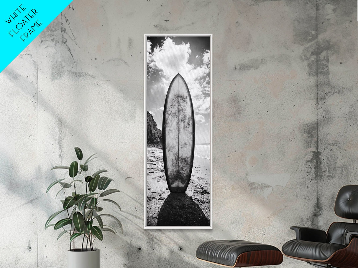 Surfboard Vertical, Sandy Beach, Coastal Rocks, Ocean Horizon, Framed Canvas Print, Surf Art, Dorm Room Decor, Tropical Vibe