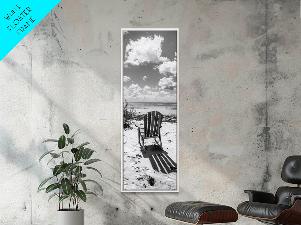 Seaside Chair View, Coastal Calm, Ocean Horizon, Beach Serenity, Framed Canvas Print, Living Room Wall Art, Relaxing Summer Vibe