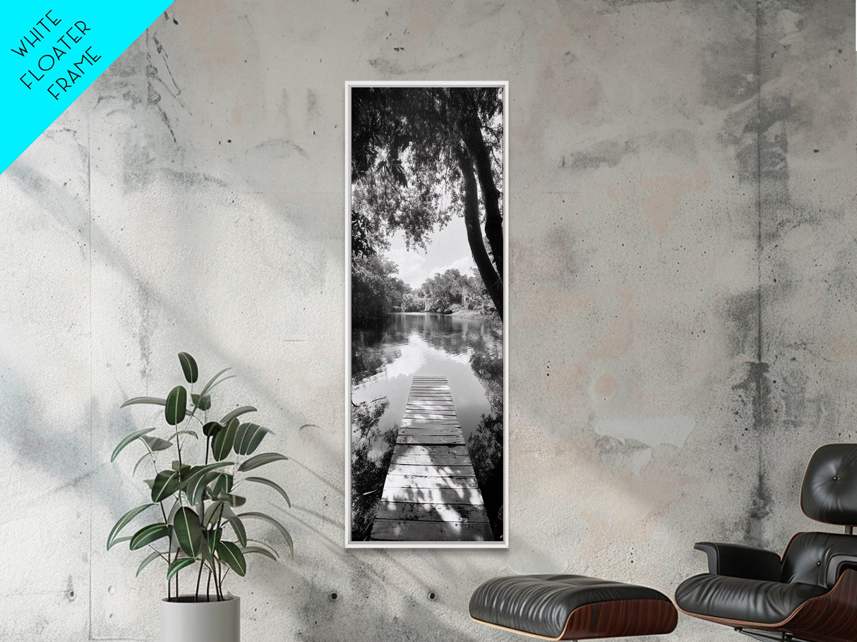 Tranquil Dock, Lake Stillness, Nature Reflection, Forest Retreat, Framed Canvas Print, Cabin Wall Art, Rustic Style, Bedroom Decor