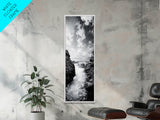 Waterfall Rocks, Mountain Mist, River Flow, Canvas Print, Black And White Landscape Art, Nature Bedroom Decor, Zen Retreat Wall Piece