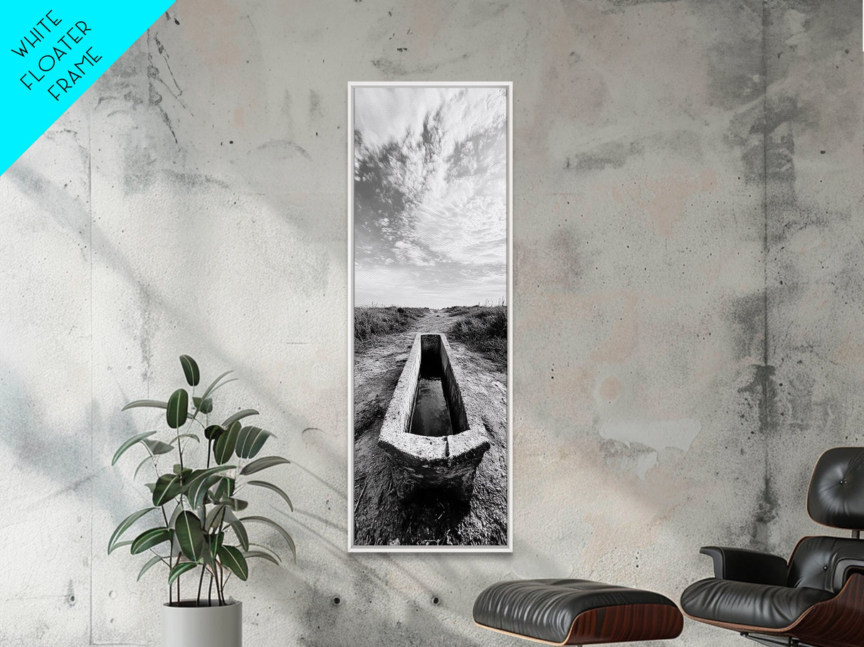 Rustic Trough Scene, Country Minimalist Art, Weathered Landscape Print, Nature Photography, Farmhouse Kitchen Decor, Framed Canvas Print