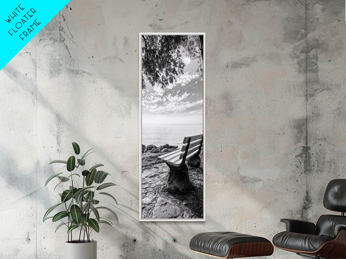 Lakeside Bench View, Peaceful Nature Scene, Tranquil Reflection Print, Minimalist Wall Decor, Zen Office Art, Framed Canvas Print