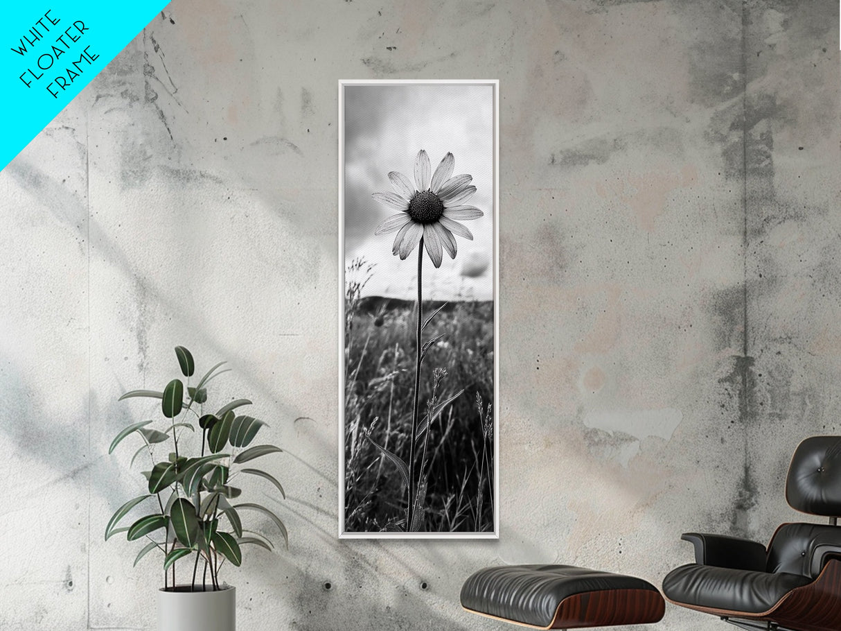 Single Daisy Bloom, Minimalist Botanical, Black White Flower, Framed Canvas Print, Nature Inspired Art, Bedroom Wall Decor, Modern Farmhouse