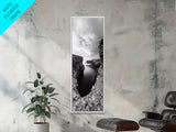 Seaside Cliffscape, Ocean Horizon, Monochrome Nature Scene, Framed Canvas Print, Coastal Living Room Art, Modern Rustic Wall Decor