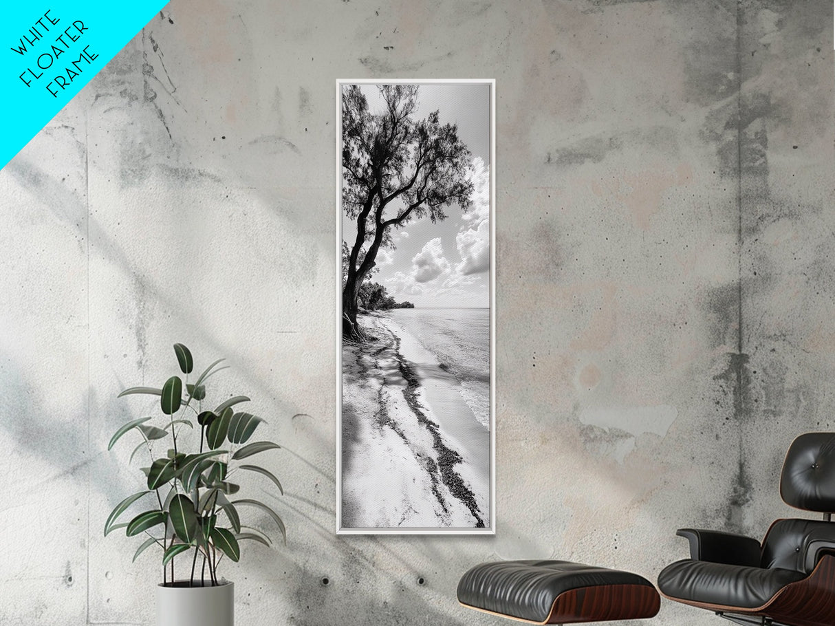 Serene Beach Tree, Calm Ocean Coast, Black White Shoreline, Framed Canvas Print, Coastal Entryway Decor, Minimal Nature Wall Art