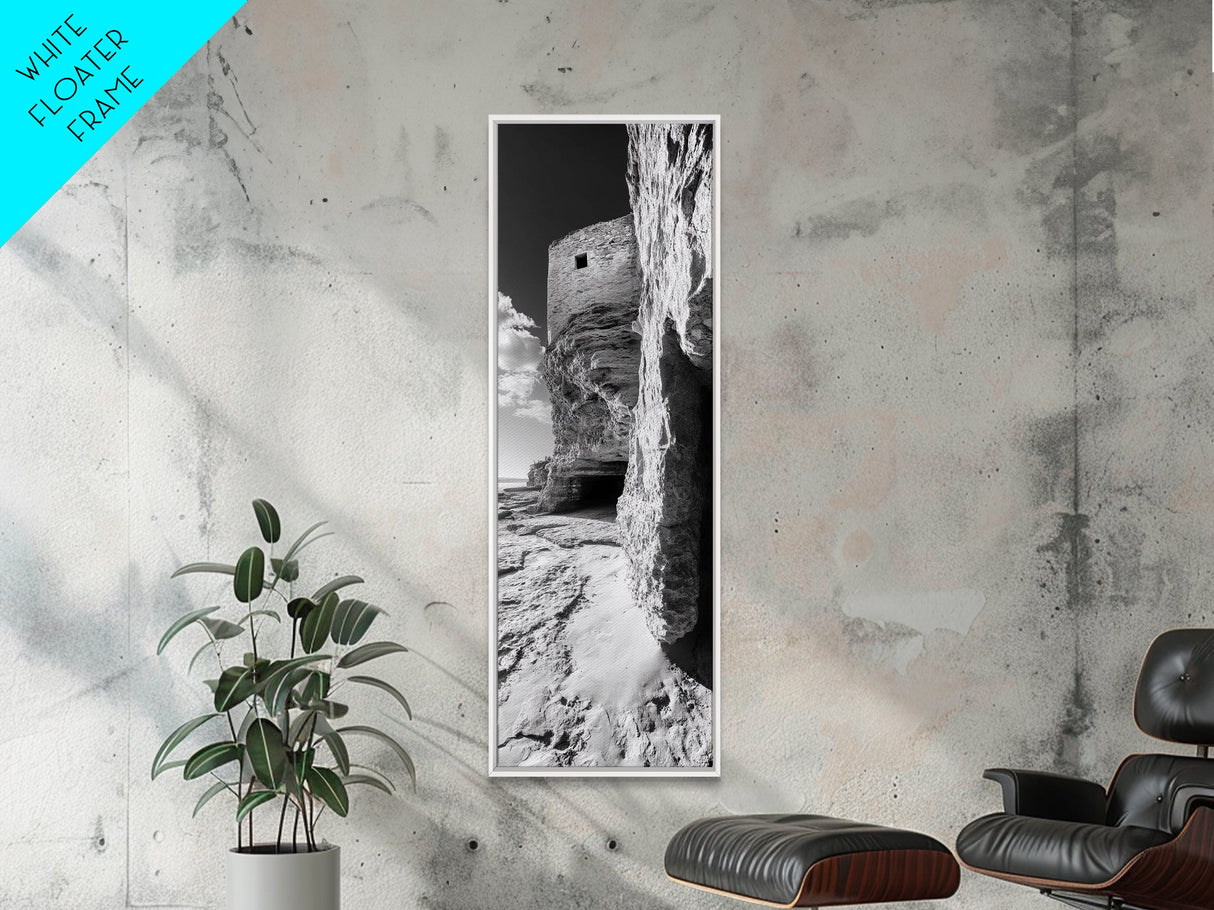 Stone Fortress, Ancient Cliffs, Coastal Ruins, Framed Canvas Print, Rustic Wall Decor, Neutral Tones Living Room Wall Art, Nature Decor