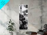 Lighthouse Coast, Stormy Sky, Black White Ocean, Framed Canvas Print, Nautical Wall Art, Rustic Beach House Living Room Decor
