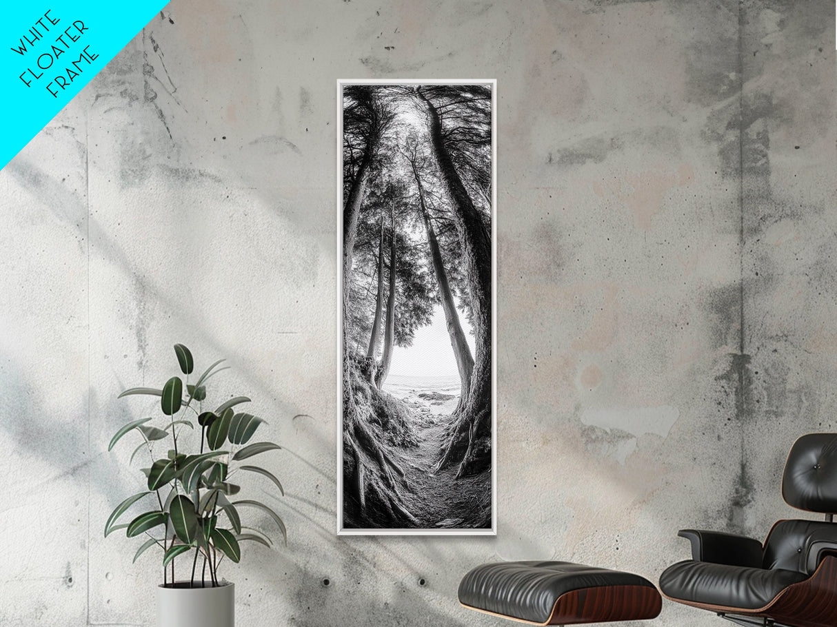 Forest Path, Ocean View, Tall Trees, Canvas Print, Black and White Nature Art, Entryway Wall Art, Rustic Woodland Aesthetic, Bedroom Wall Art