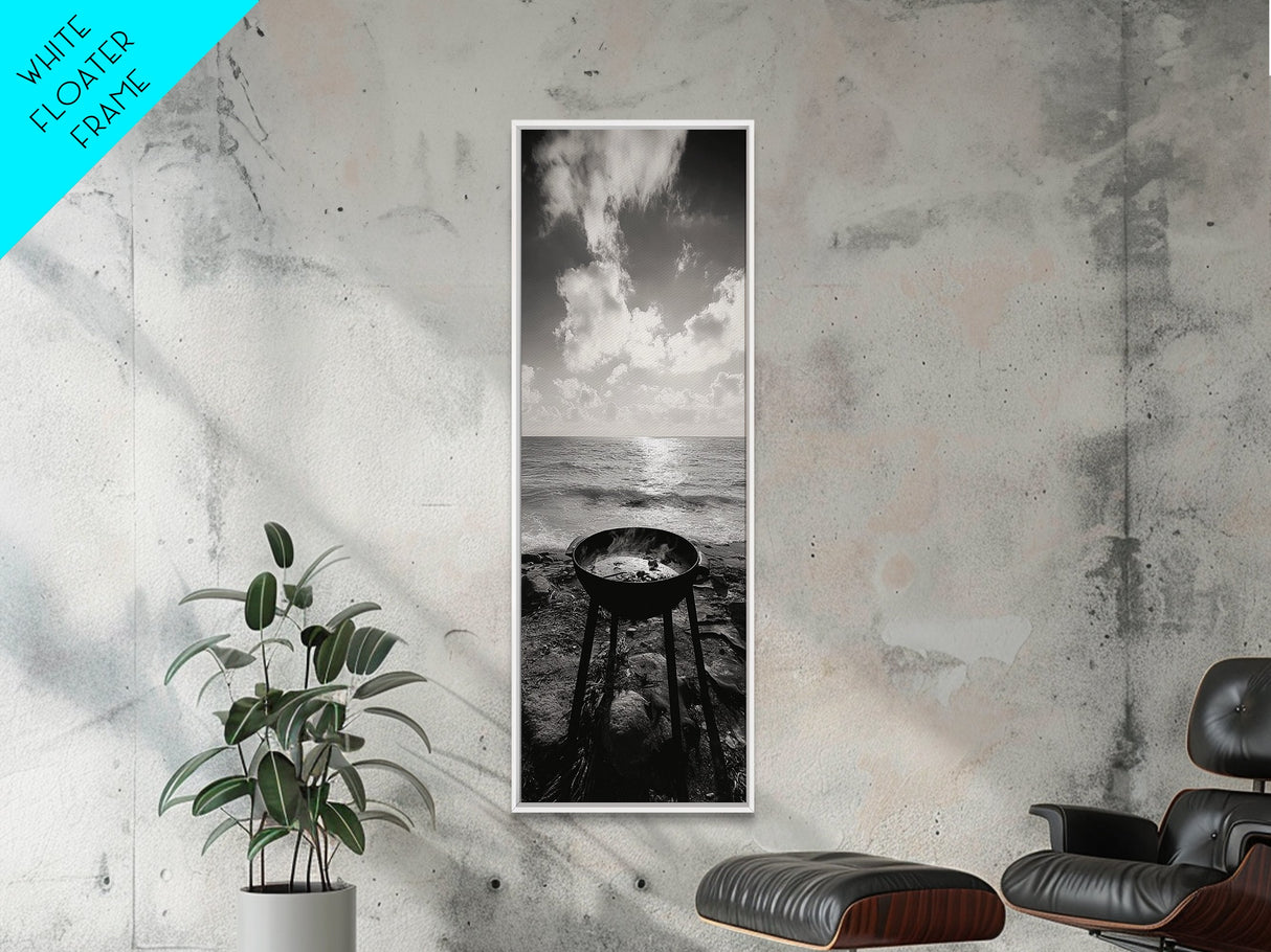 Smoky Grill, Seaside BBQ, Coastal Cooking, Framed Canvas Print, Rustic Outdoor Kitchen Art, Summer Vibes Wall Decor, Moody Beach Scene