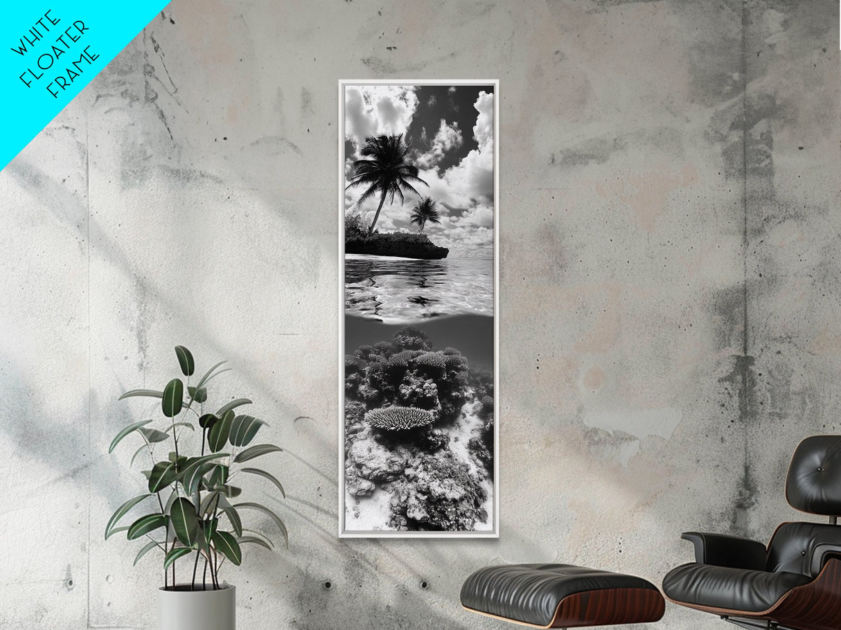 Coral Reef, Tropical Island, Split Ocean View, Canvas Print, Coastal Bathroom Decor, Underwater Photography Art, Island Escape Style