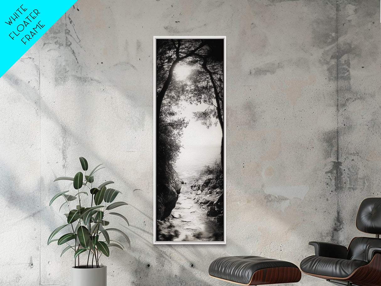 Ocean Pathway, Forest Light, Peaceful Coast, Dreamy Trail, Nature Escape, Framed Canvas Print, Entryway Wall Art, Moody Landscape