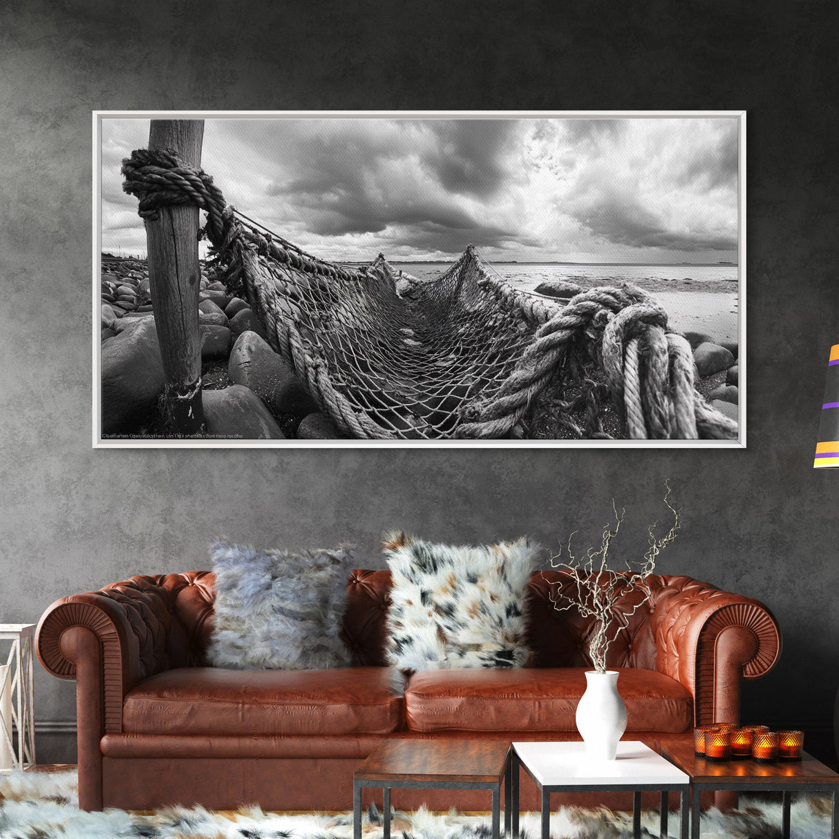 Fishing Net, Stormy Shore, Maritime Nostalgia, Rugged Rope Art, Framed Canvas Print, Nautical Living Room Wall Decor
