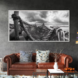Fishing Net, Stormy Shore, Maritime Nostalgia, Rugged Rope Art, Framed Canvas Print, Nautical Living Room Wall Decor