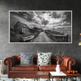 Seaside Village, Driftwood Cabins, Coastal Road, Vintage Fishing Town, Framed Canvas Print, Rustic Kitchen Wall Art, Moody Monochrome