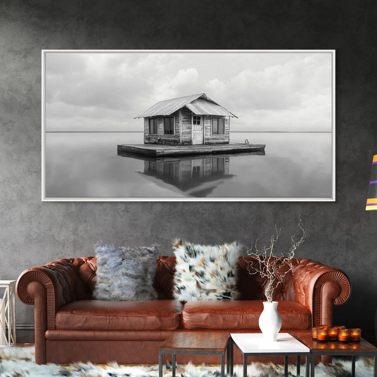 Floating Cabin, Lake House, Calm Waters, Dreamy Isolation Art, Canvas Print, Minimalist Living Room Wall Art, Coastal Style