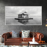 Floating Cabin, Lake House, Calm Waters, Dreamy Isolation Art, Canvas Print, Minimalist Living Room Wall Art, Coastal Style