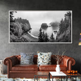Misty Coastal Cliffs, Ocean Horizon, Monochrome Art, Nature Landscape, Canvas Print, Rustic Living Room Decor, Moody Wall Art, Black and White