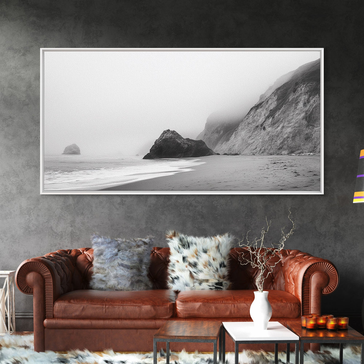 Foggy Beach Boulders, Minimalist Shoreline, Moody Monochrome, Canvas Print, Neutral Bathroom Art, Zen Wall Decor, Calm Coastal Scene