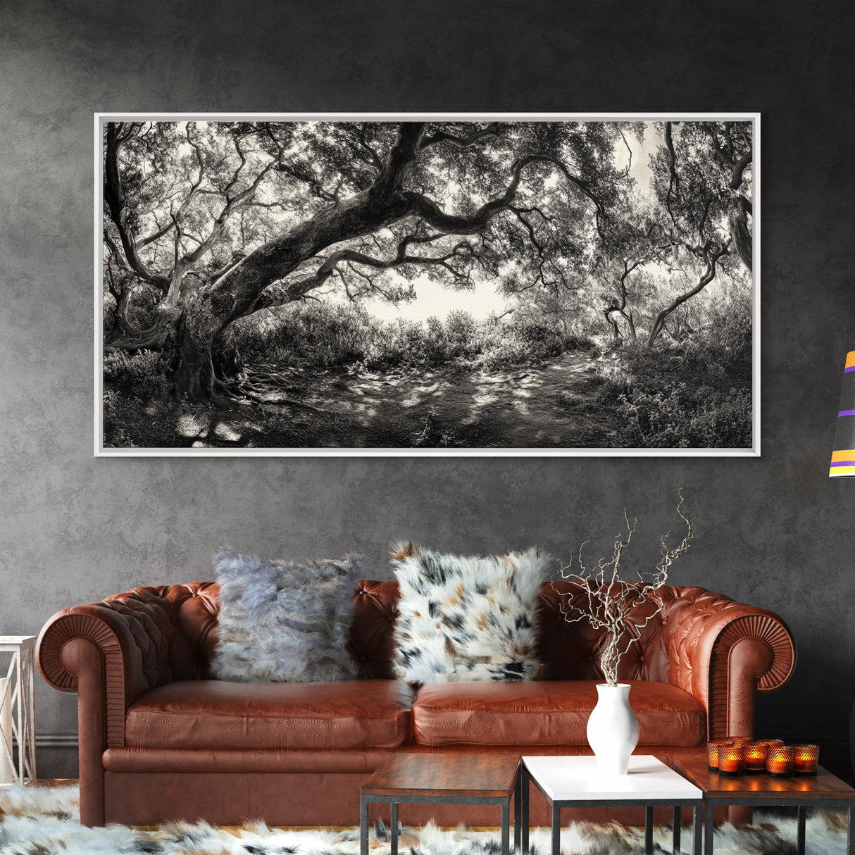 Twisted Forest Canopy, Ancient Trees, Mystical Woodland, Canvas Print, Boho Living Room Art, Black and White Nature Print, Cabin Decor