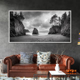 Hidden Coastal Cove, Dramatic Ocean Scene, Natural Seascape, Canvas Print, Rustic Cabin Wall Art, Black and White Beach Photography