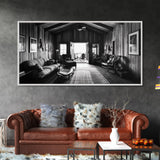 Cozy Cabin Interior, Rustic Living Space, Wood Wall Charm, Canvas Print, Country Living Room Art, Americana Wall Photography