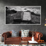 Weathered Journal Shore, Vintage Book, Ocean Background, Canvas Print, Antique Study Wall Art, Nautical Literary Photography